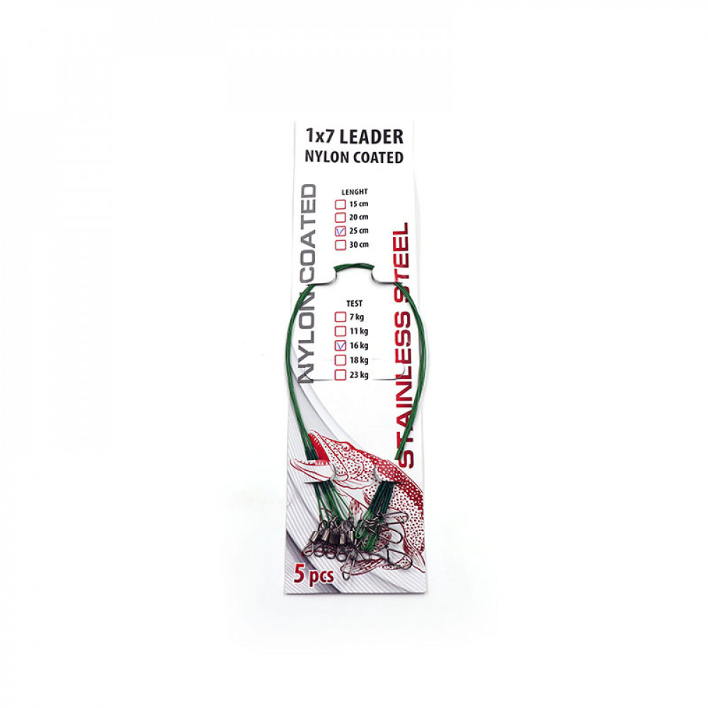 Поводок стальной NAMAZU Leader 1х7 Nylon Coated Green, d-0,24 мм, L-20 см, test- 7 кг 